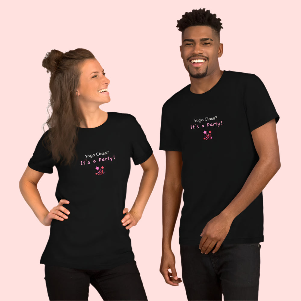 A couple wearing black unisex t-shirt with the phrase “Yoga Class? It’s a Party!” in fun, bold typography. A playful design that brings energy and humor to group yoga lovers.