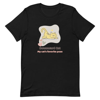 Black unisex yoga t-shirt with a graphic design with phrase " Downward Cat My cat's favorite pose"