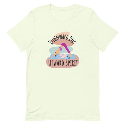Citron yoga t-shirt with ‘Downward Dog, Upward Spirit’ quote