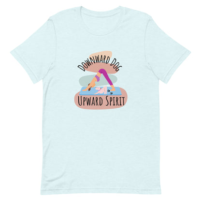 Heather ice blue yoga t-shirt with ‘Downward Dog, Upward Spirit’ quote