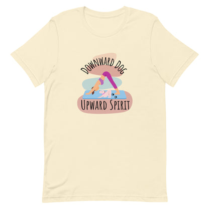 Natural yoga t-shirt with ‘Downward Dog, Upward Spirit’ quote