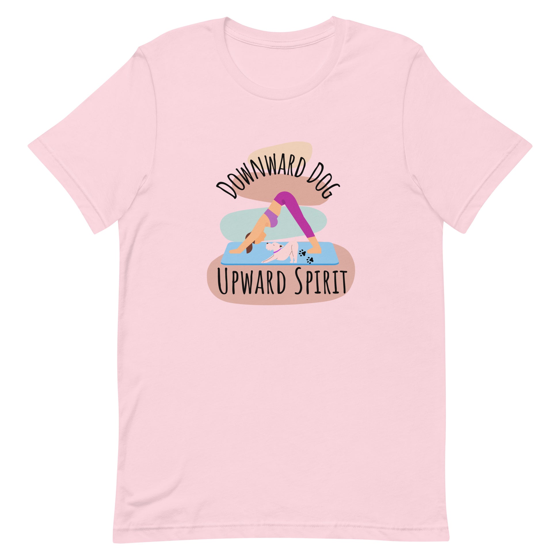 Pink yoga t-shirt with ‘Downward Dog, Upward Spirit’ quote