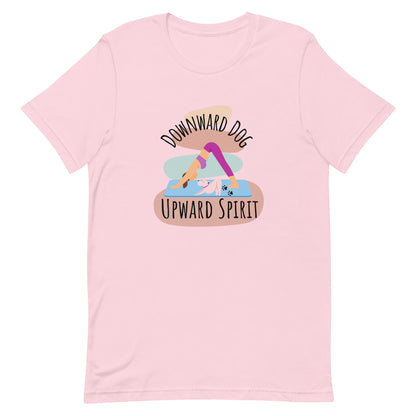 Pink yoga t-shirt with ‘Downward Dog, Upward Spirit’ quote
