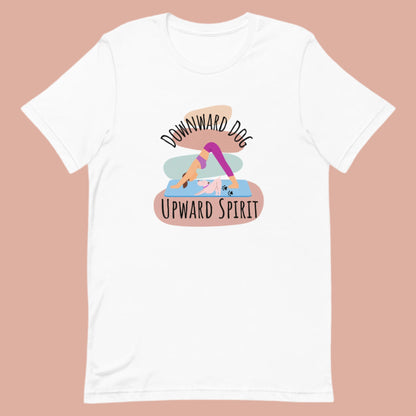 White yoga t-shirt with ‘Downward Dog, Upward Spirit’ quote