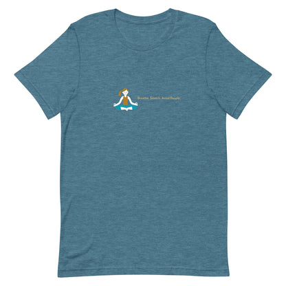 Heather deep teal unisex t-shirt with the quote “Breathe. Stretch. Avoid People.”