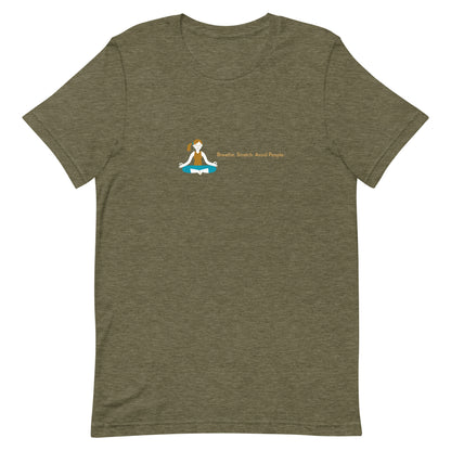 Heather olive green unisex t-shirt with the quote “Breathe. Stretch. Avoid People.” 