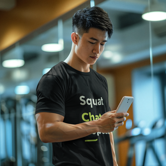 Man wearing a black unisex gym t-shirt with the phrase “Squat Chat Repeat.”
