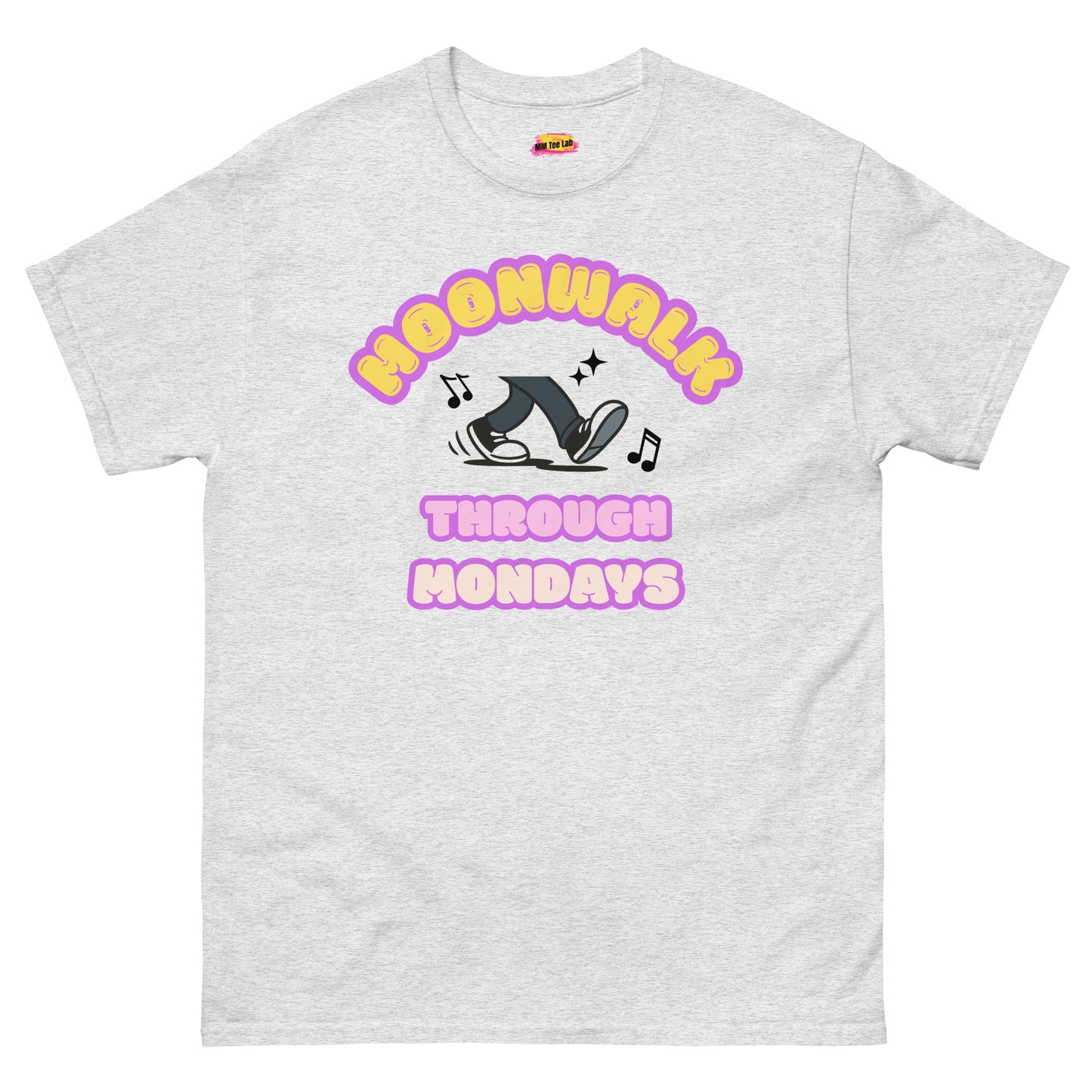 A light grey unisex dance t-shirt with a graphic design saying "Moonwalk through Mondays"