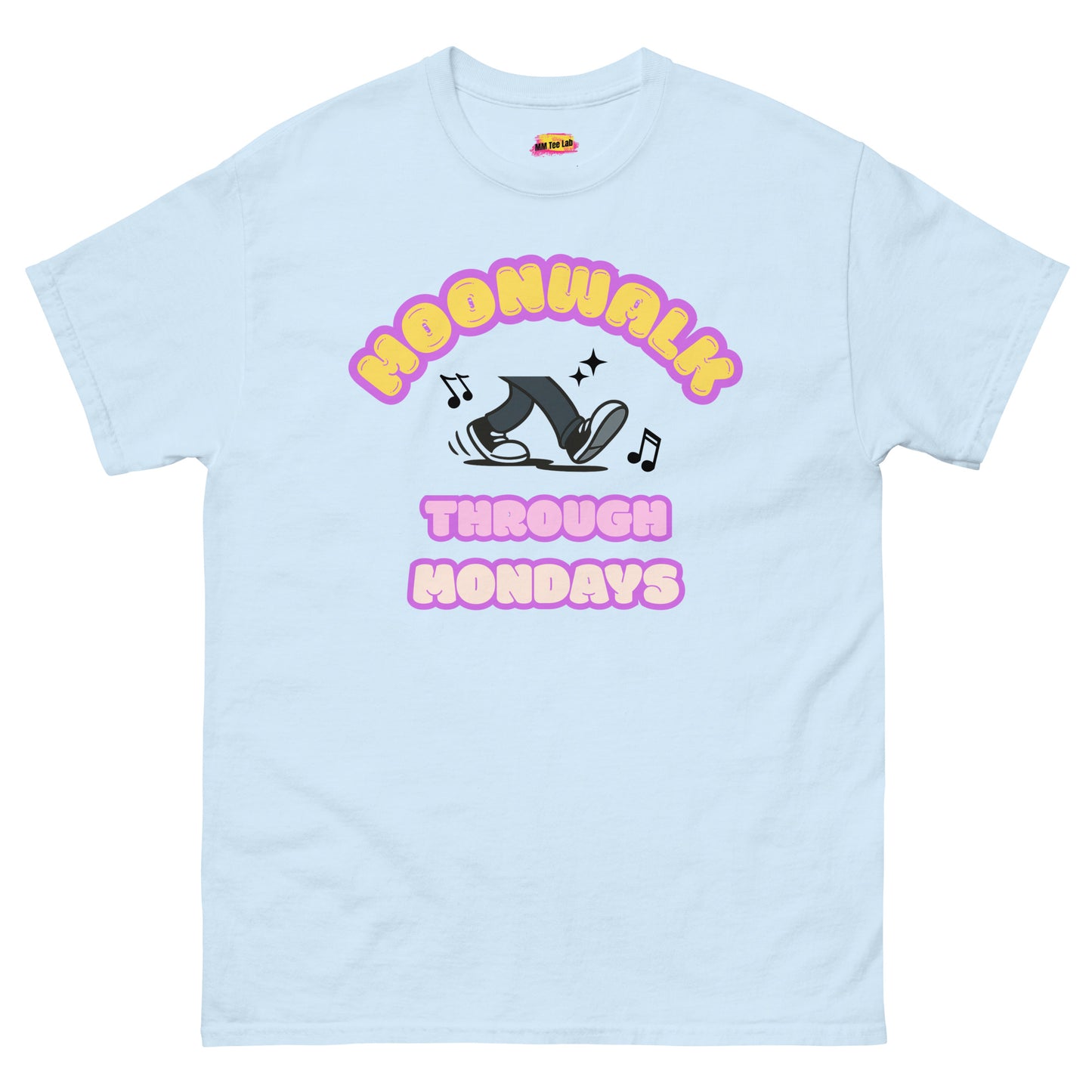 A light blue unisex dance t-shirt with a graphic design saying "Moonwalk through Mondays"