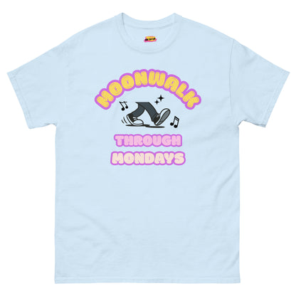 A light blue unisex dance t-shirt with a graphic design saying "Moonwalk through Mondays"