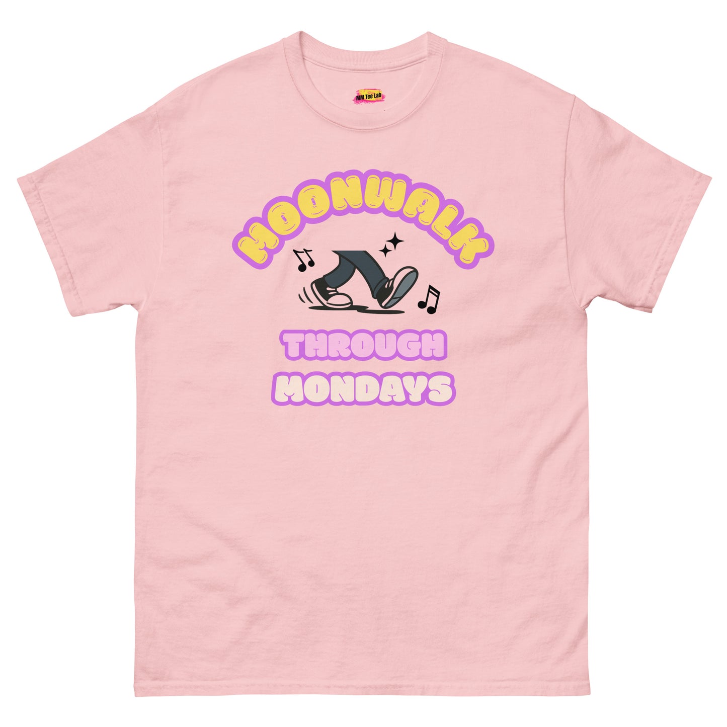A pink unisex dance t-shirt with a graphic design saying "Moonwalk through Mondays"