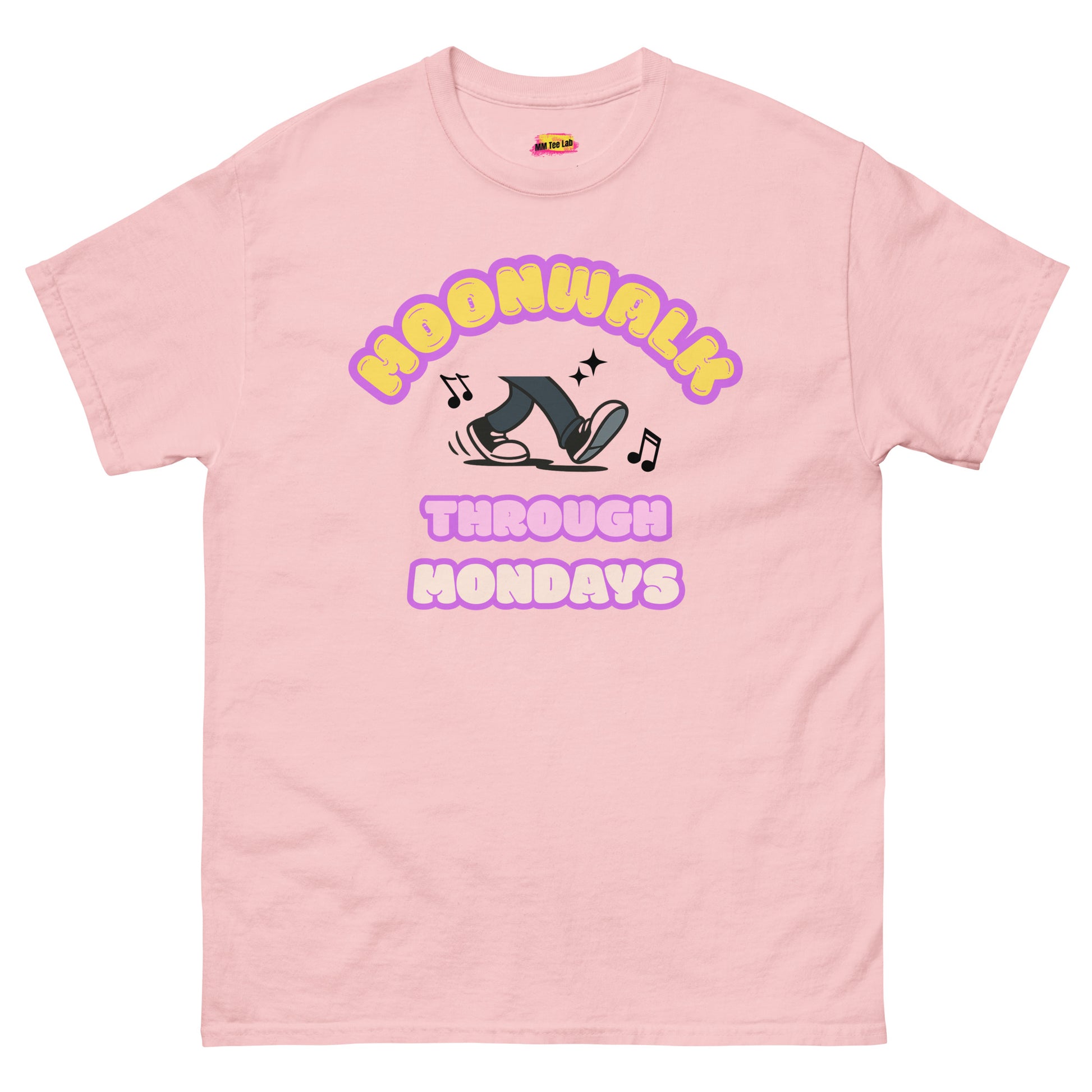 A pink unisex dance t-shirt with a graphic design saying "Moonwalk through Mondays"