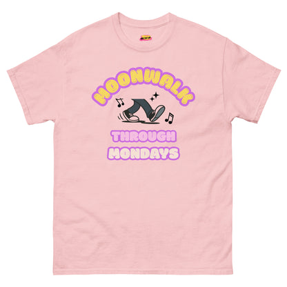 A pink unisex dance t-shirt with a graphic design saying "Moonwalk through Mondays"
