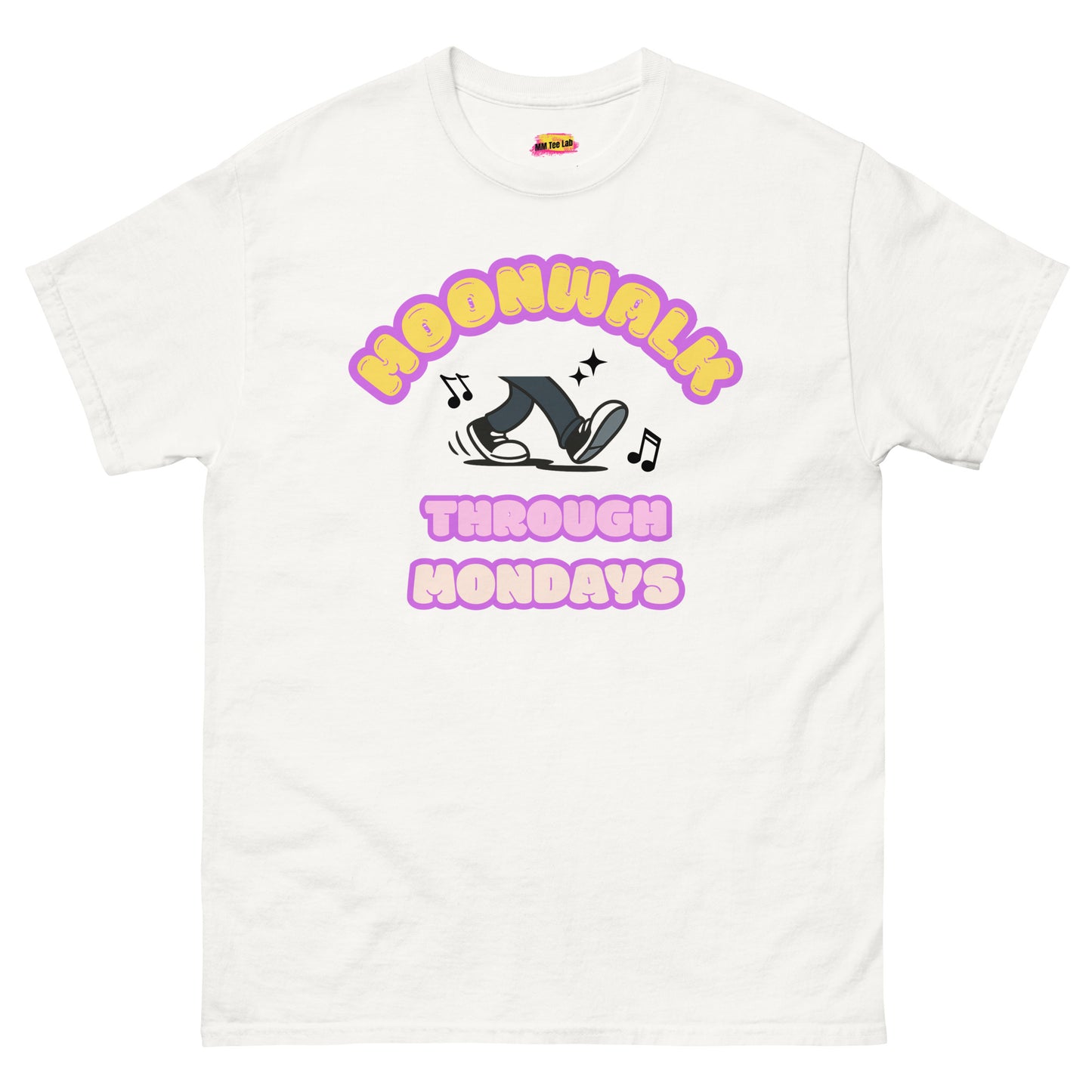 A white unisex dance t-shirt with a graphic design saying "Moonwalk through Mondays"