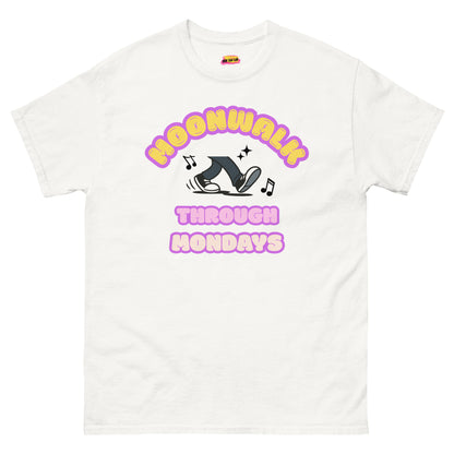 A white unisex dance t-shirt with a graphic design saying "Moonwalk through Mondays"