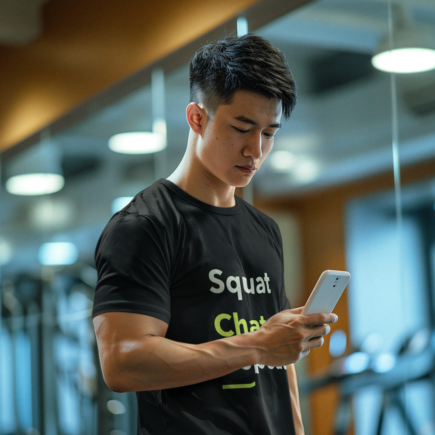 model wearing a black "Squat Chat Repeat" unisex t-shirt in a gym