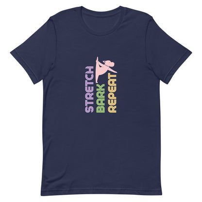 Navy unisex yoga t-shirt with the phrase “Stretch. Bark. Repeat.” displayed alongside a cartoon dog in a playful stretching pose. 