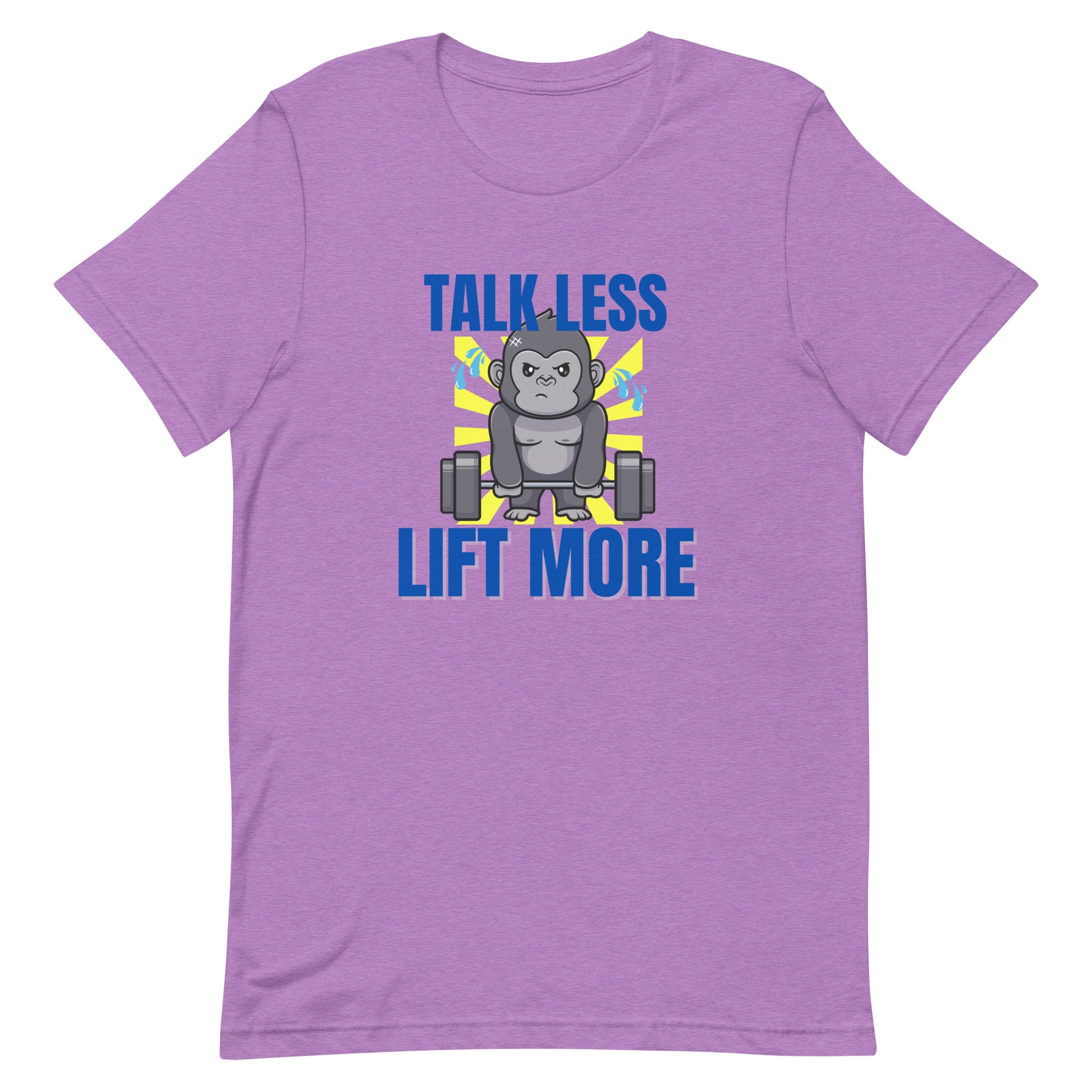 Heather team purple unisex gym t-shirt featuring the phrase “Talk Less Lift More”