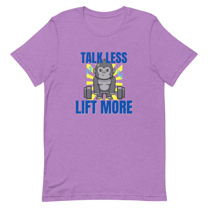 Heather team purple unisex gym t-shirt featuring the phrase “Talk Less Lift More”