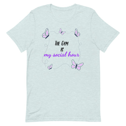 Heather ice blue unisex gym t-shirt with the phrase “The Gym is My Social Hour” in clean, bold font. 