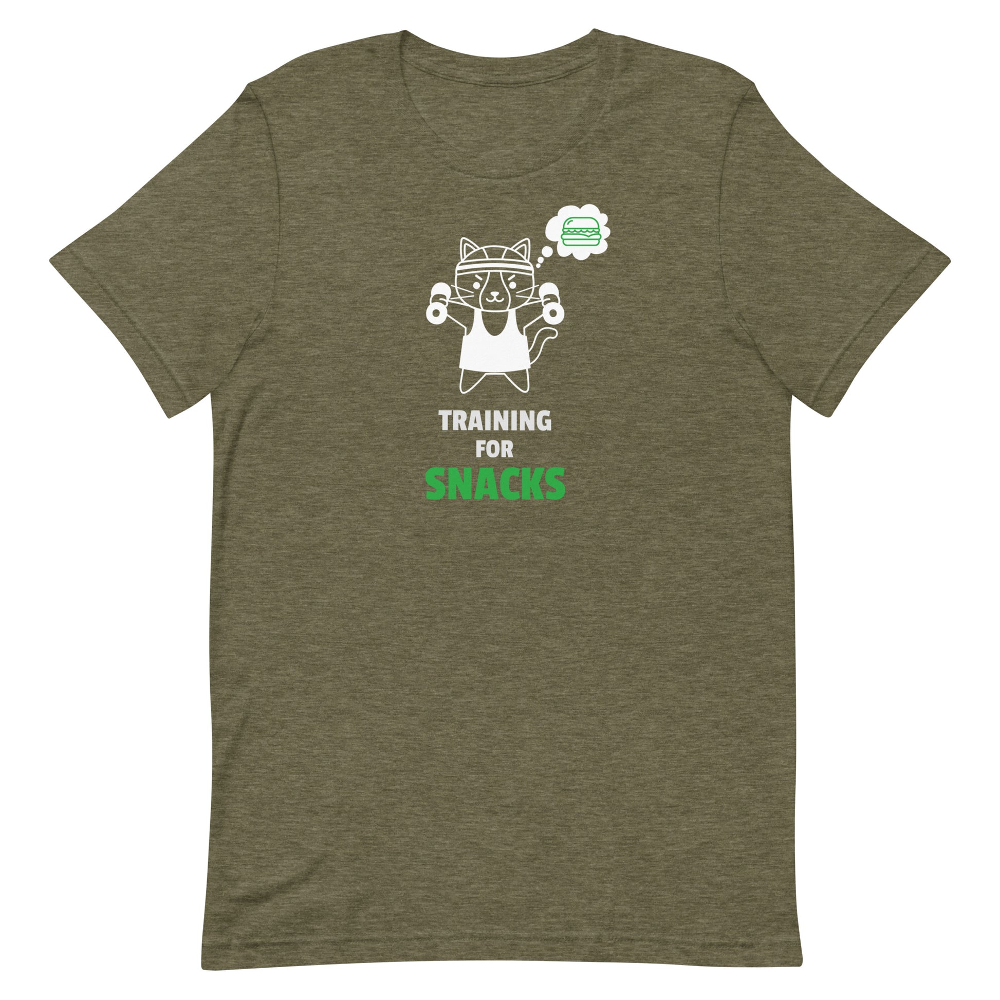 Heather olive unisex t-shirt featuring a cute cartoon cat in a headband lifting dumbbells with a thought bubble of a sandwich, and the text “Training for Snacks” in white and green.