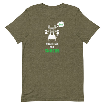 Heather olive unisex t-shirt featuring a cute cartoon cat in a headband lifting dumbbells with a thought bubble of a sandwich, and the text “Training for Snacks” in white and green.