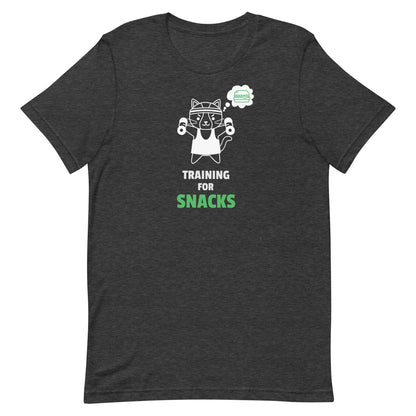 Dark grey heather unisex t-shirt featuring a cute cartoon cat in a headband lifting dumbbells with a thought bubble of a sandwich, and the text “Training for Snacks” in white and green.