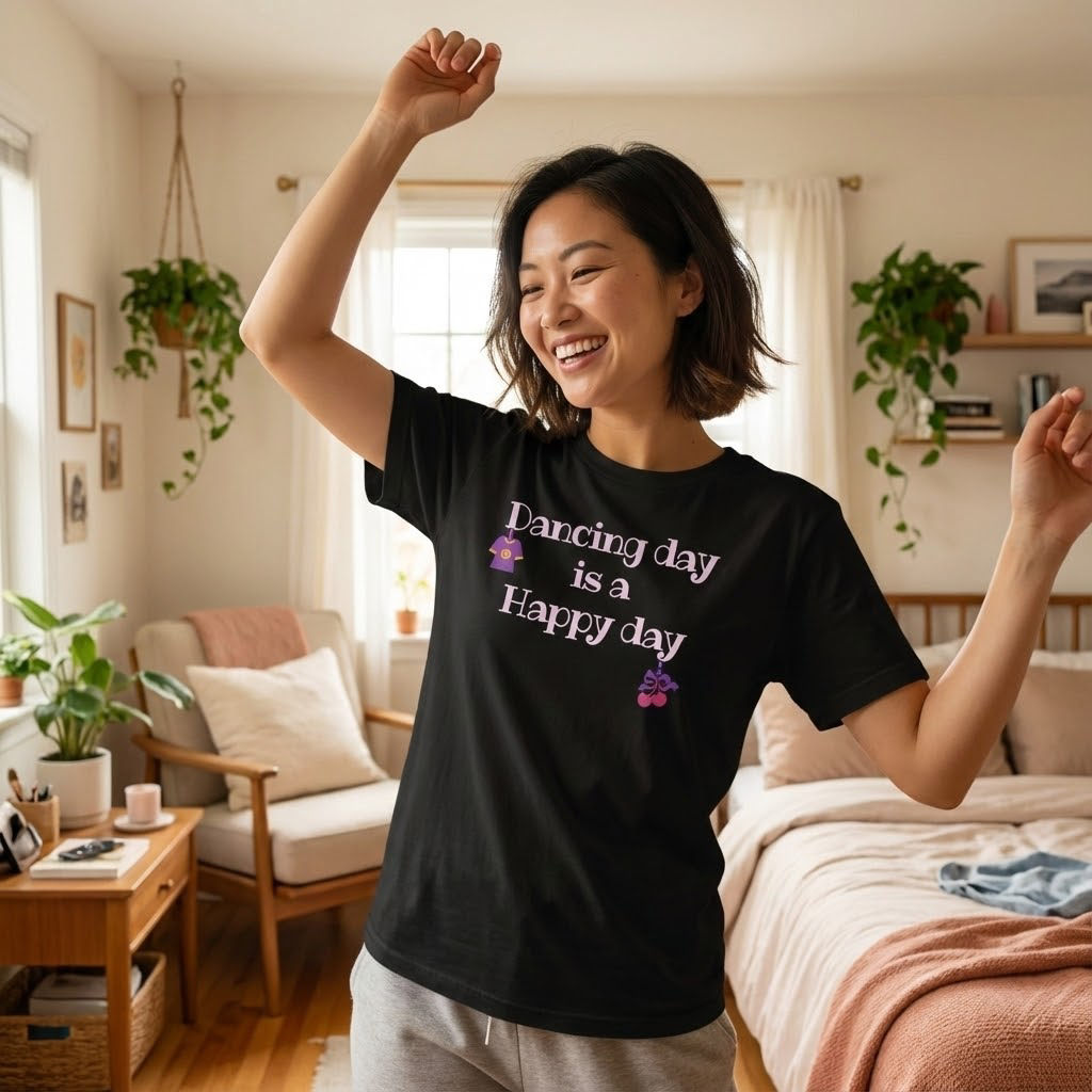 Woman wearing a black t-shirt with text saying "Dancing Day is a Happy Day" dancing happily in a bright, cozy bedroom.