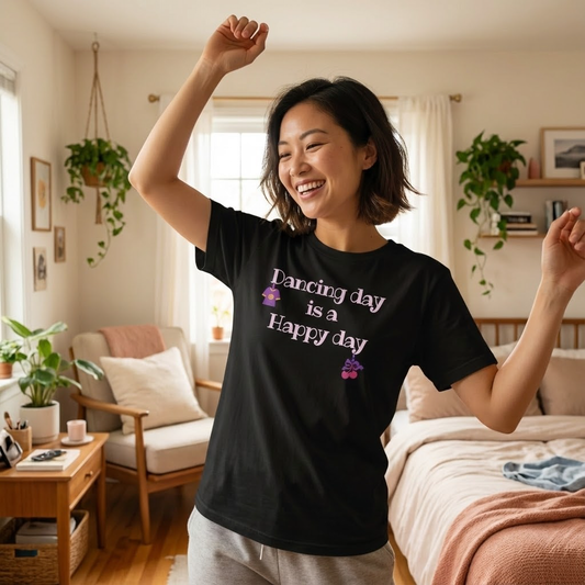 Woman wearing a black t-shirt with text saying "Dancing Day is a Happy Day" dancing happily in a bright, cozy bedroom.