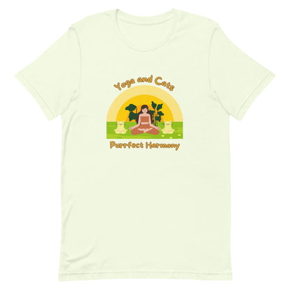 Citron yoga t-shirt with phrase 'Yoga and Cats Purrfect Harmony' 
