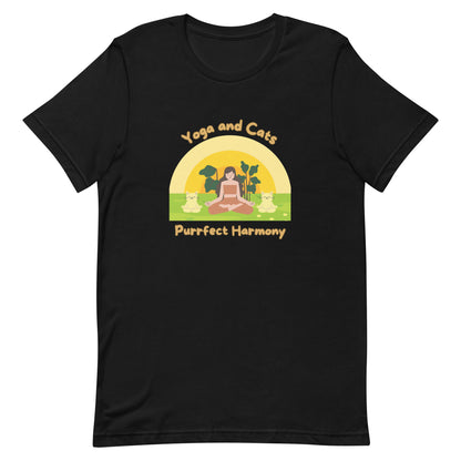 black yoga t-shirt with phrase 'Yoga and Cats Purrfect Harmony' 