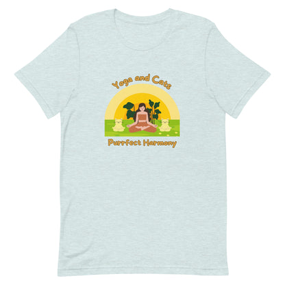 Heather ice blue yoga t-shirt with phrase 'Yoga and Cats Purrfect Harmony' 