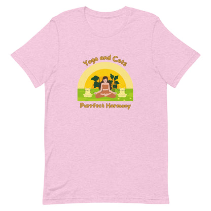 Heather lilac yoga t-shirt with phrase 'Yoga and Cats Purrfect Harmony' 