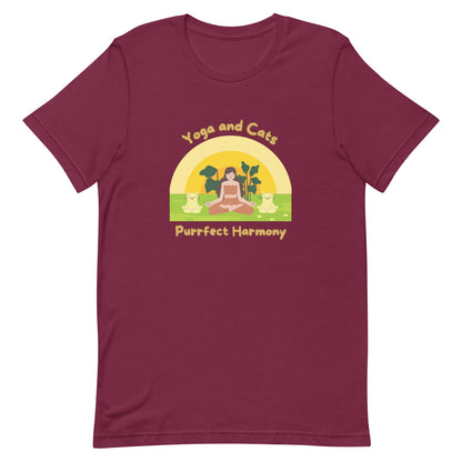 Maroon yoga t-shirt with phrase 'Yoga and Cats Purrfect Harmony' 