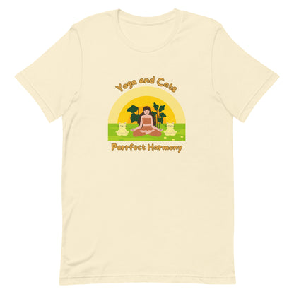 Natural yoga t-shirt with phrase 'Yoga and Cats Purrfect Harmony' 