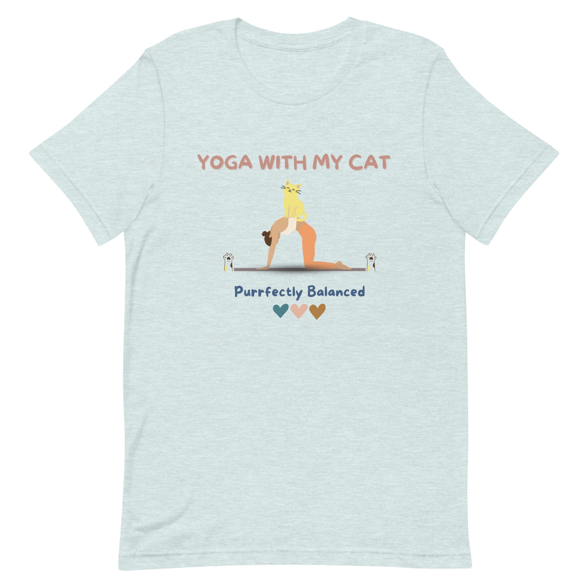 Heather ice blue yoga t-shirt that says 'Yoga with my cat purrfectly balanced'