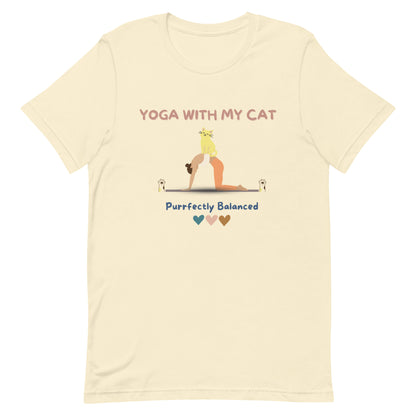 Natural yoga t-shirt that says 'Yoga with my cat purrfectly balanced'