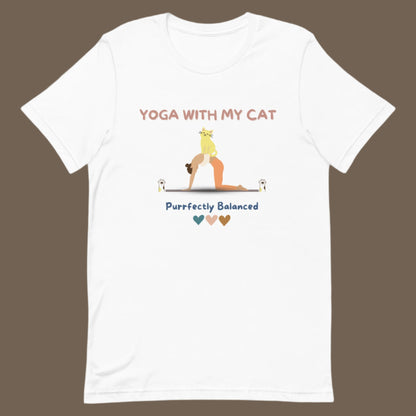 White yoga t-shirt that says 'Yoga with my cat purrfectly balanced'