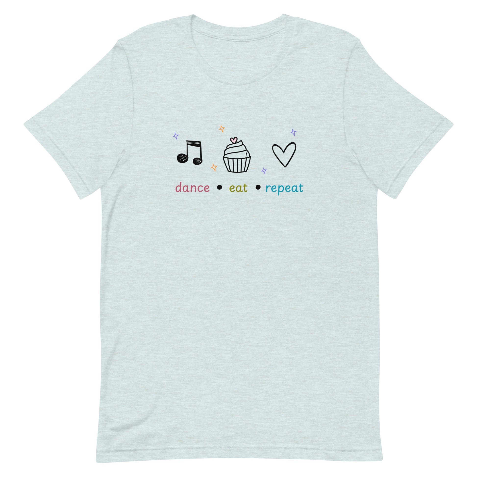 Heather prismice blue dance t-shirt featuring dance eat repeat text with black icons of a music note, cupcake, and heart, designed for fun-loving dancers.
