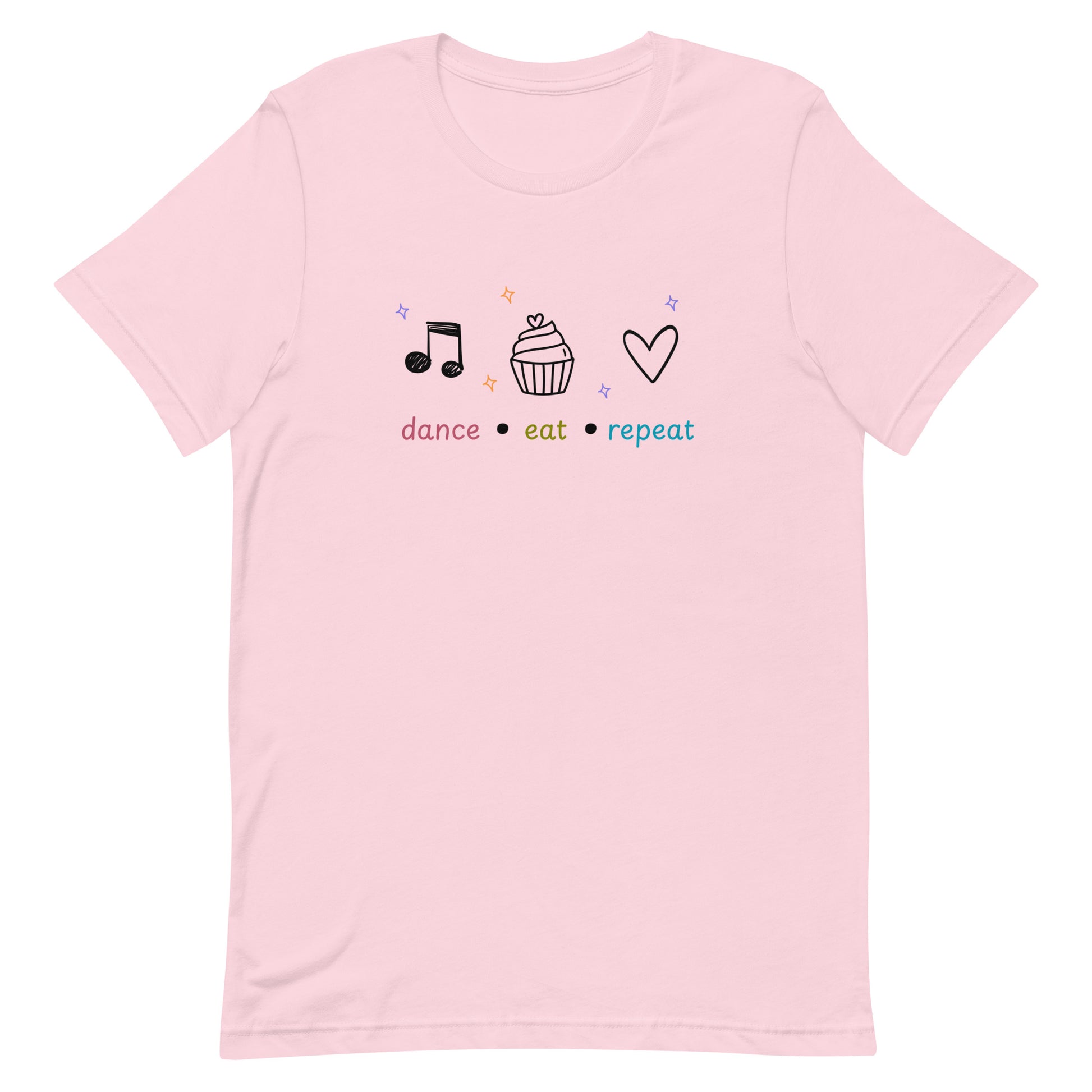 Soft pink dance t-shirt featuring dance eat repeat text with black icons of a music note, cupcake, and heart, designed for fun-loving dancers.