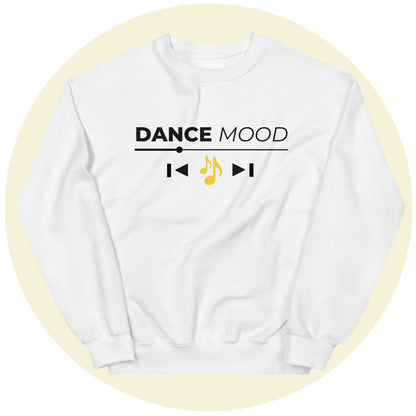 White Dance Mood On sweatshirt with black text and yellow music note printed design, displayed on a light yellow circle background.