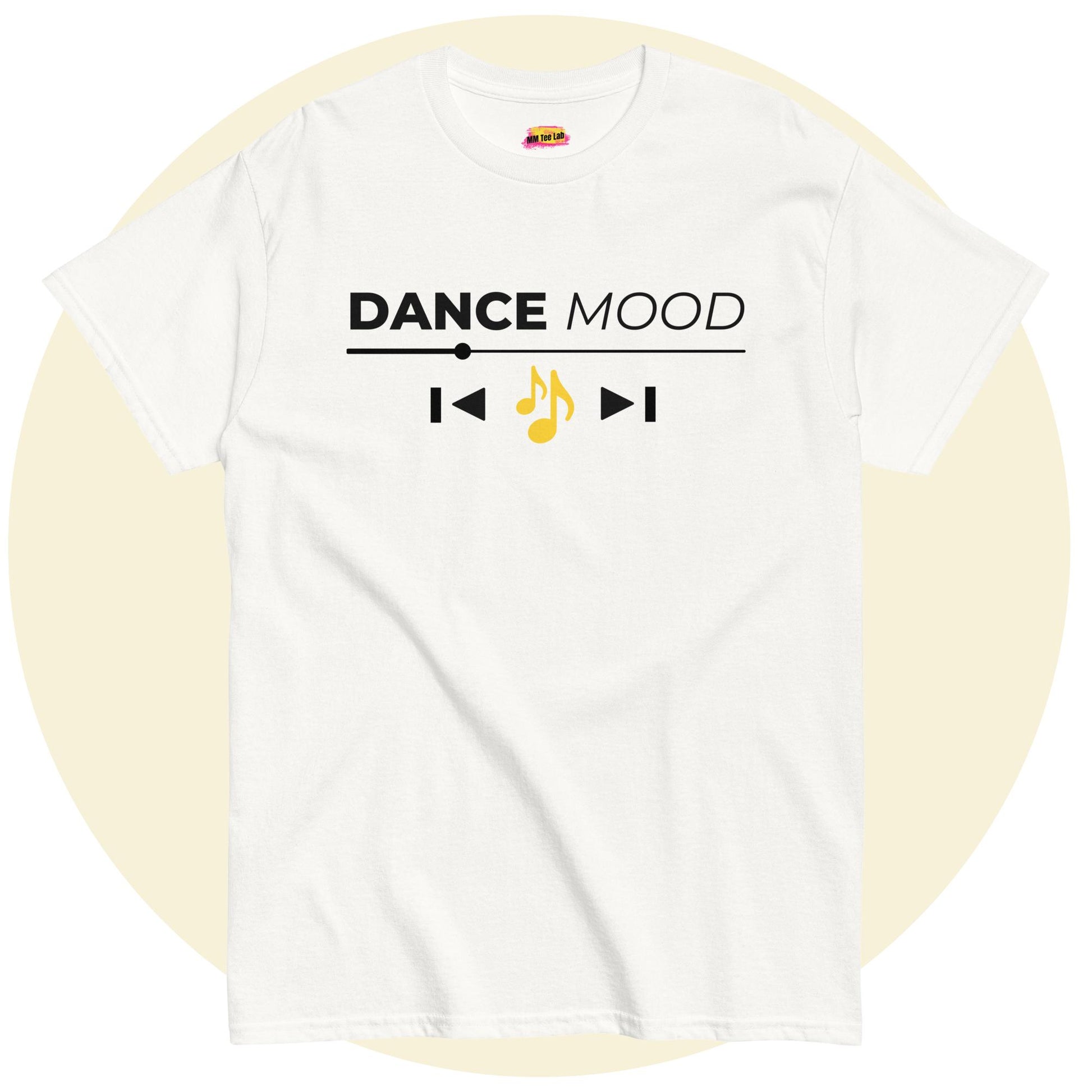 White Dance Mood On t-shirt with black text and yellow music note design, displayed on a light yellow circle background.