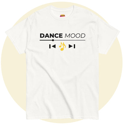 White Dance Mood On t-shirt with black text and yellow music note design, displayed on a light yellow circle background.