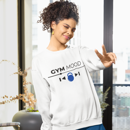 White unisex Gym Mood On sweatshirt featuring black text and blue kettlebell graphic, modeled by a woman in an indoor setting.
