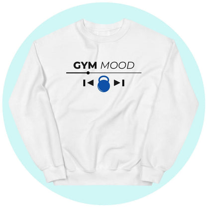 White Gym Mood On sweatshirt with black text and blue kettlebell printed design, displayed on a light blue circle background