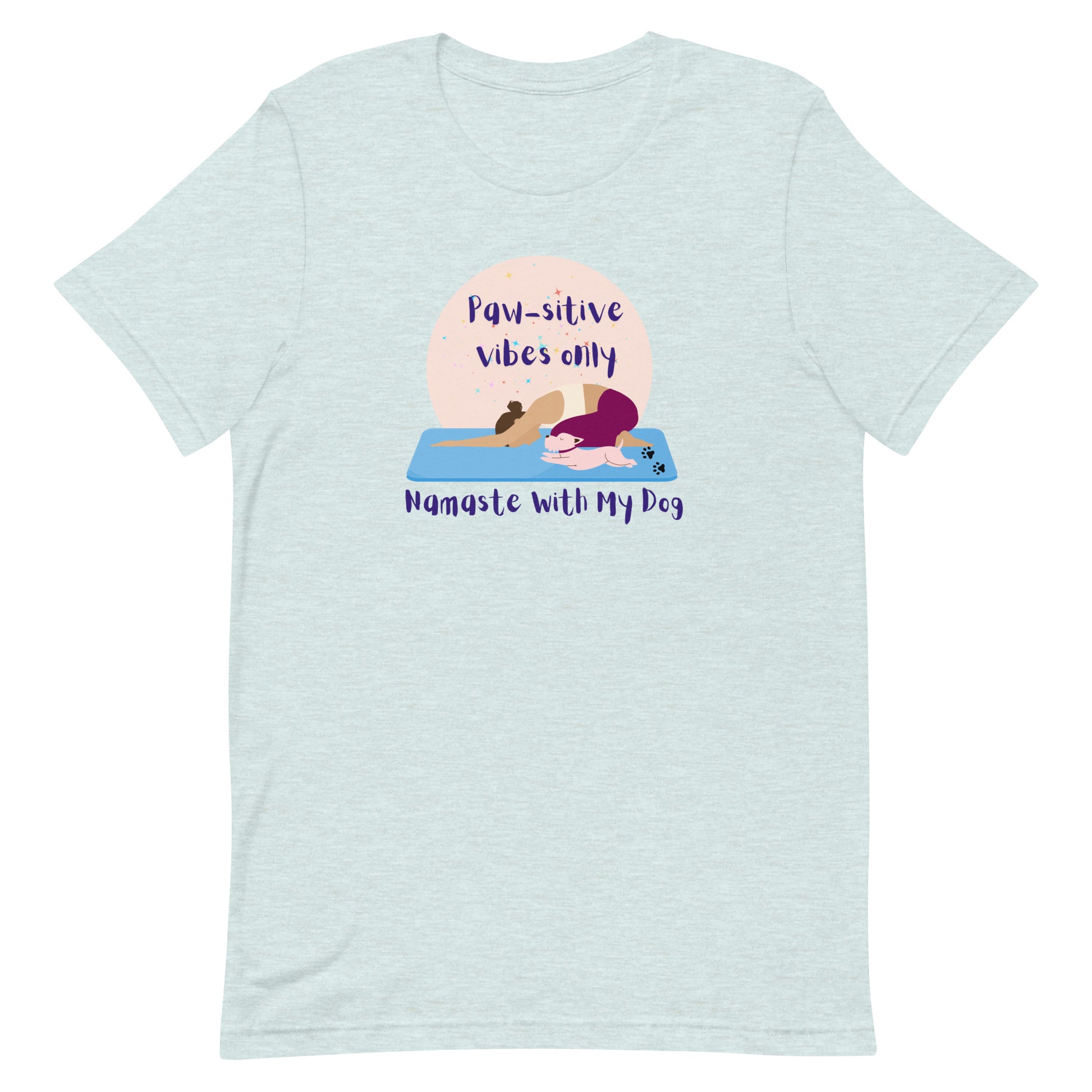 Front view of “Paw-sitive Vibes Only – Namaste with My Dog” unisex t-shirt in heather prism ice blue – cute yoga tee featuring a woman and dog stretching on yoga mats by MM Tee Lab.
