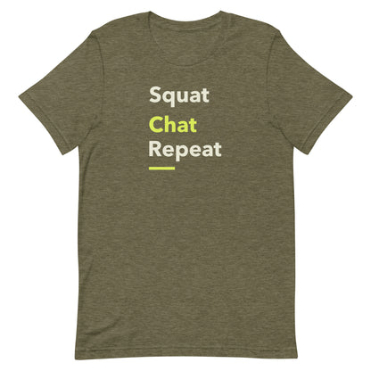Front view of “Squat Chat Repeat” unisex t-shirt in heather olive – fun gym and fitness quote tee with minimalist text design by MM Tee Lab.
