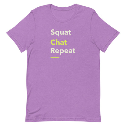 Front view of “Squat Chat Repeat” unisex t-shirt in heather team purple – fun gym and fitness quote tee with minimalist text design by MM Tee Lab.
