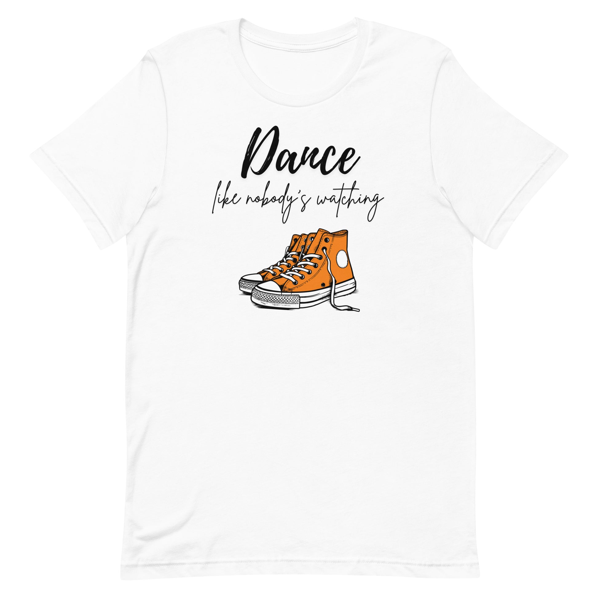 Front view of “Dance like nobody’s watching” unisex t-shirt in white – motivational dance tee with orange sneakers graphic by MM Tee Lab.
