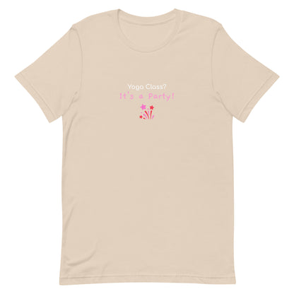 Soft cream unisex t-shirt with the phrase “Yoga Class? It’s a Party!” in fun, bold typography. A playful design that brings energy and humor to group yoga lovers.